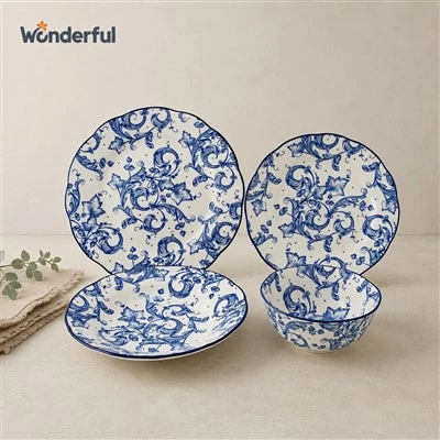 Scalloped Rim Blue Floral Scroll Stoneware Dinnerware Collection Scalloped Rim Blue Floral Scroll Stoneware Dinnerware Collection