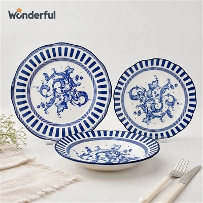 Scalloped Rim Striped Border Floral Scroll Porcelain Tableware Collection Scalloped Rim Striped Border Floral Scroll Porcelain Tableware Collection